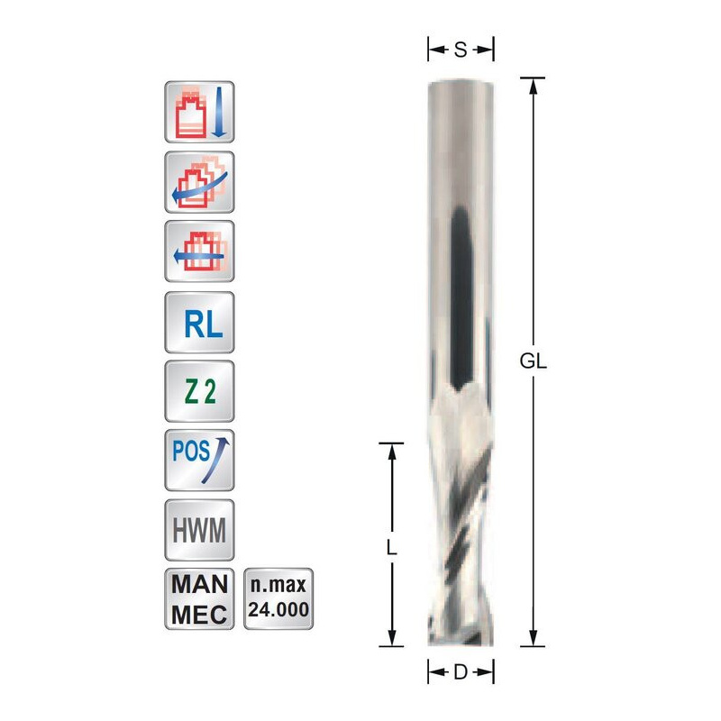 Spiral cutter D8  L25  S8mm  Z2  Positive - Upcut | Titman Tools