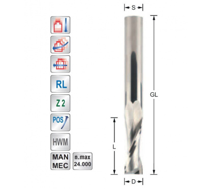 Spiral cutter D8 L25 S8mm Z2 Positive - Upcut | Titman Tools Spiral cutter D8 L25 S8mm Z2 Positive - Upcut | Titman Tools
