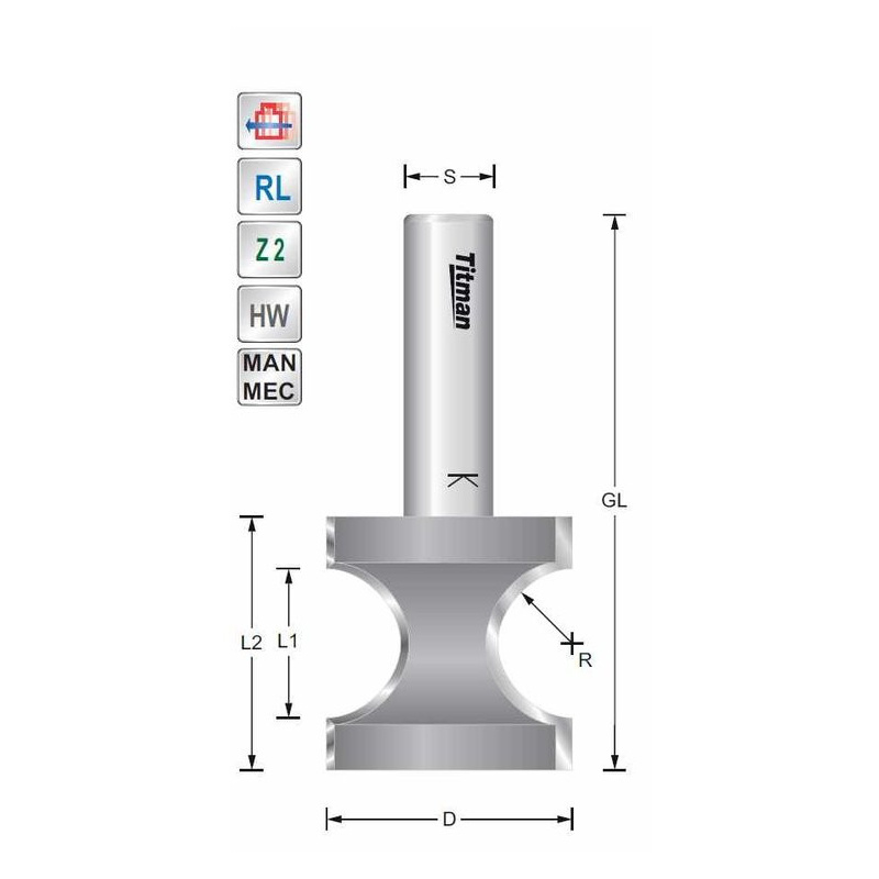 Fraise demi-ronde R8 S8mm | Titman Tools