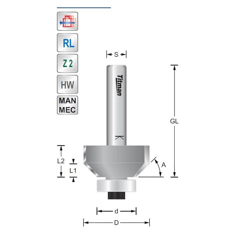 Titman Bevel cutter 80° S8mm with bearing | JVL-Europe