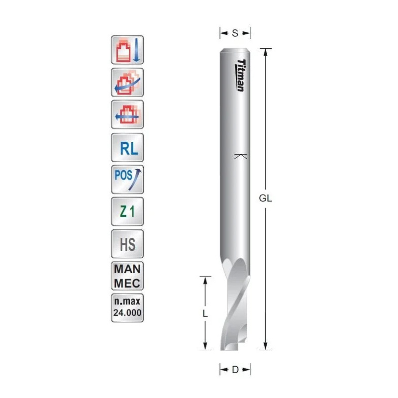 Titman Single flute D4 L40  S8mm cutter for plastic and aluminium | JVL-Europe