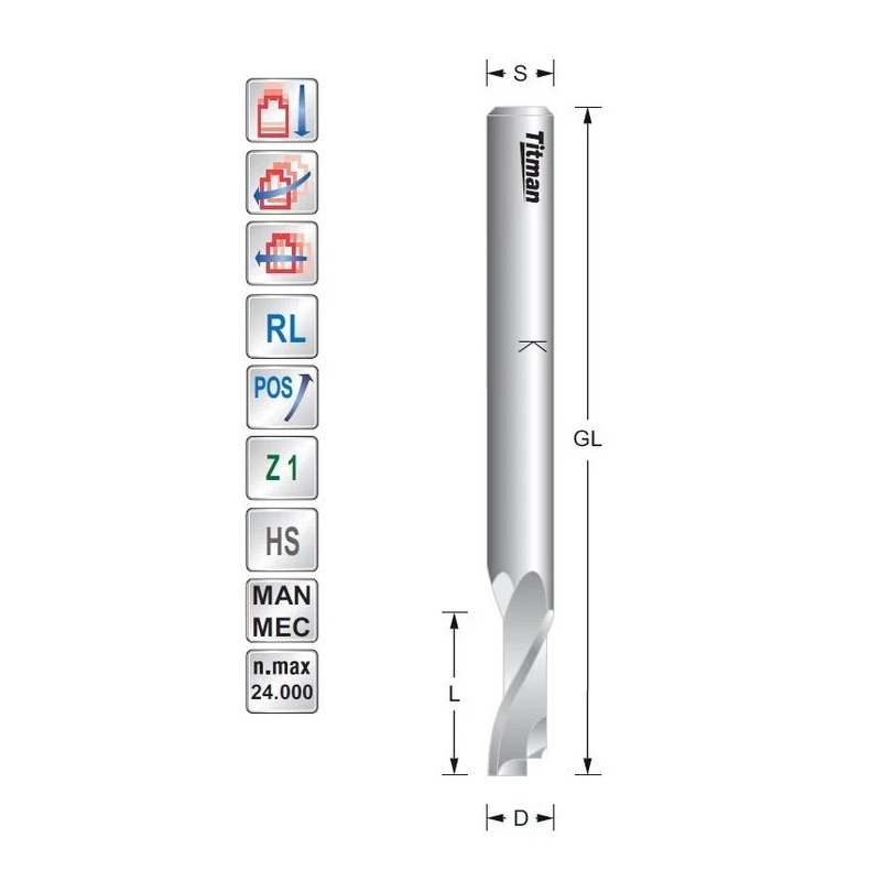 Enkel snijder frees D4 L40 S8mm voor kunststof en aluminium | Titman Tools