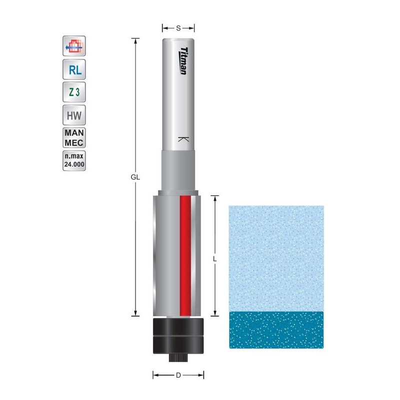 Bearing guide trimmer D12,7  L19  S12mm  double bearing for solid surface | Titman Tools