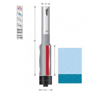 Bearing guide trimmer D19  L45  S12mm  double bearing for solid surface