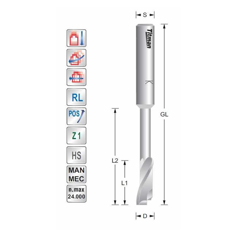 Titman Einzahnfräser D4  S8mm  mit hinterschliff für Kunststoff und Aluminium | JVL-Europe