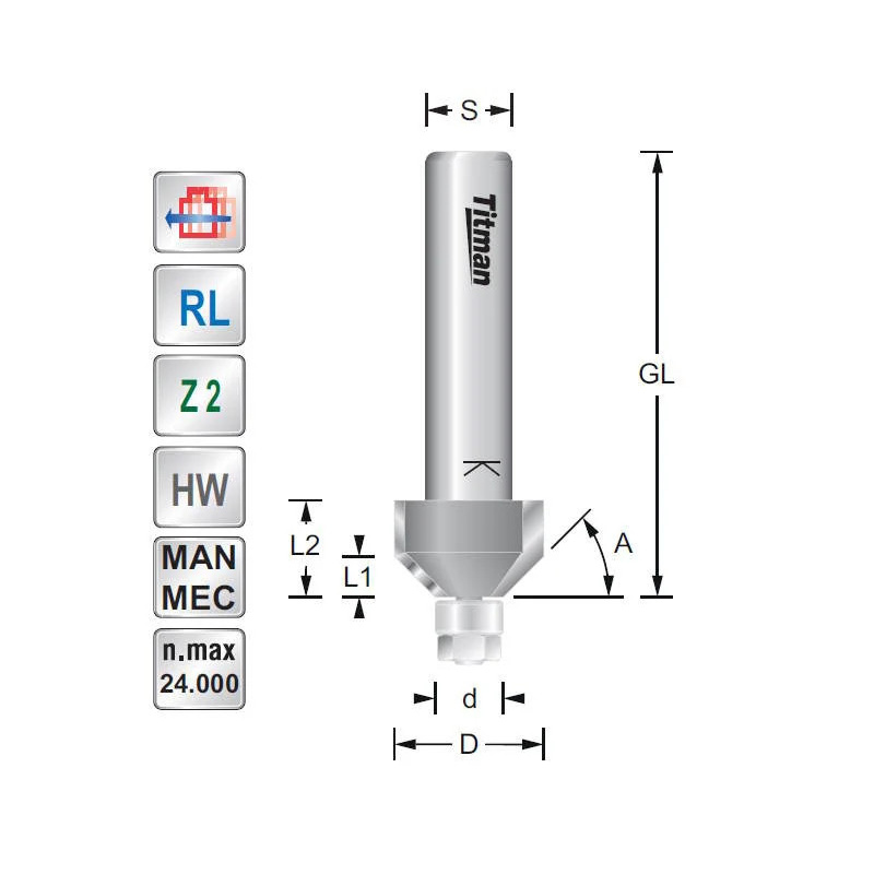 Miniatuur afschuin- fasefrees  45° D14  S8mm | Titman Tools