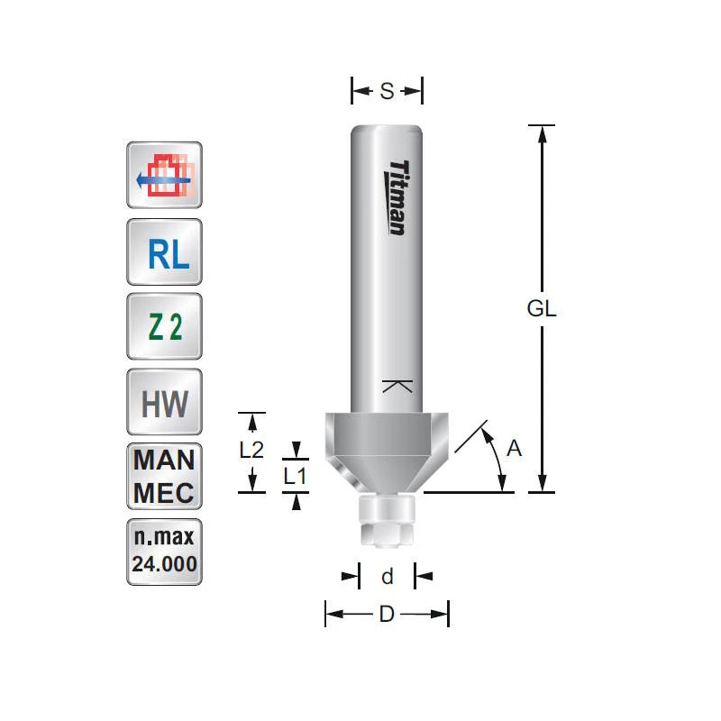 Titman Miniatur-Fasefräser mit Anlauflager  45° D22  S6mm | JVL-Europe