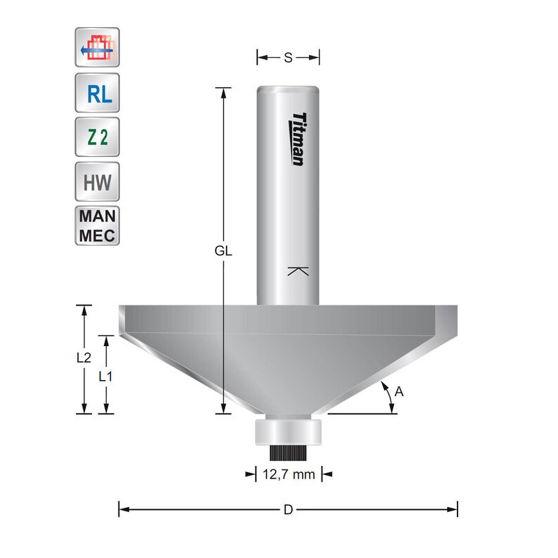 Titman Bevel cutter 15° D65  S12mm | JVL-Europe
