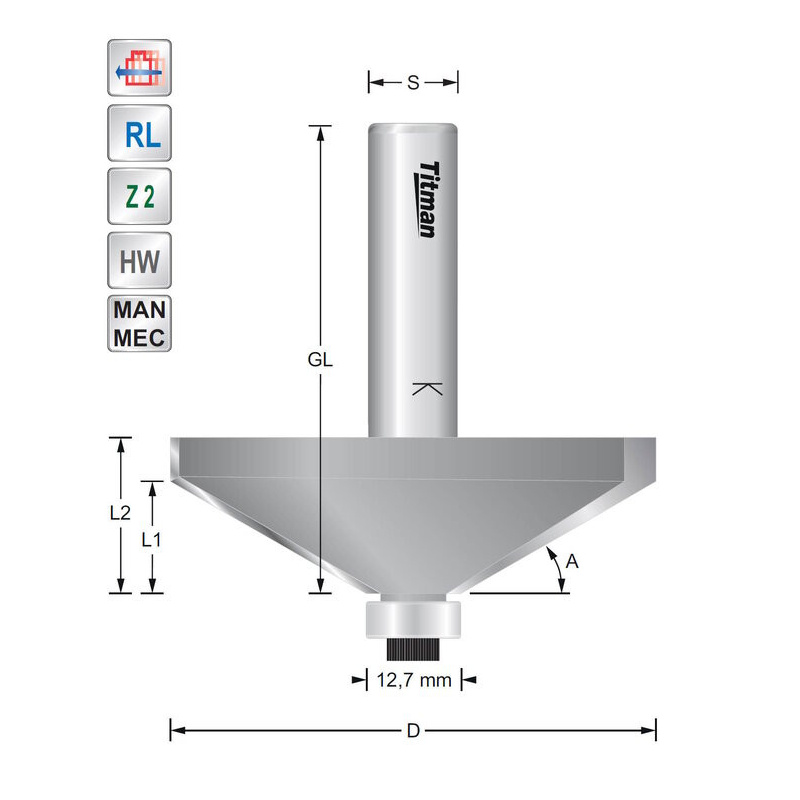 Bevel cutter 45° D52  S12mm | Titman Tools