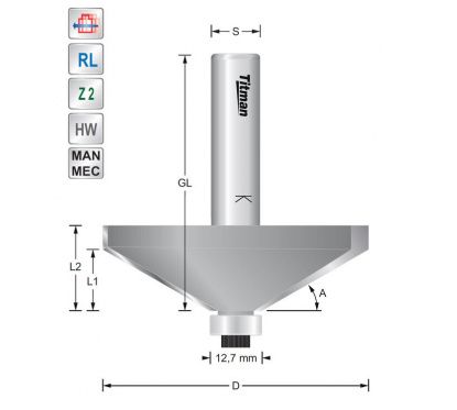 Fasefrees - afschuinfrees 45° D52 S12mm | Titman Tools Fasefrees - afschuinfrees 45° D52 S12mm | Titman Tools