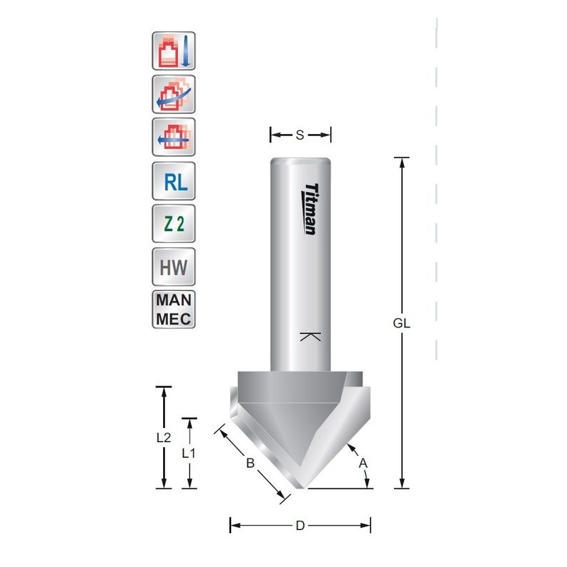V-Groove cutter 45° L1(14)  S8mm | Titman Tools