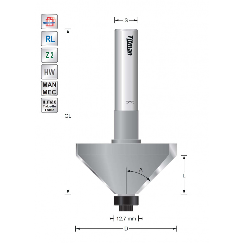 Fasefrees 15°  S12mm  met lager voor solid surface materiaal | Titman Tools Fasefrees 15°  S12mm  met lager voor solid surface materiaal | Titman Tools