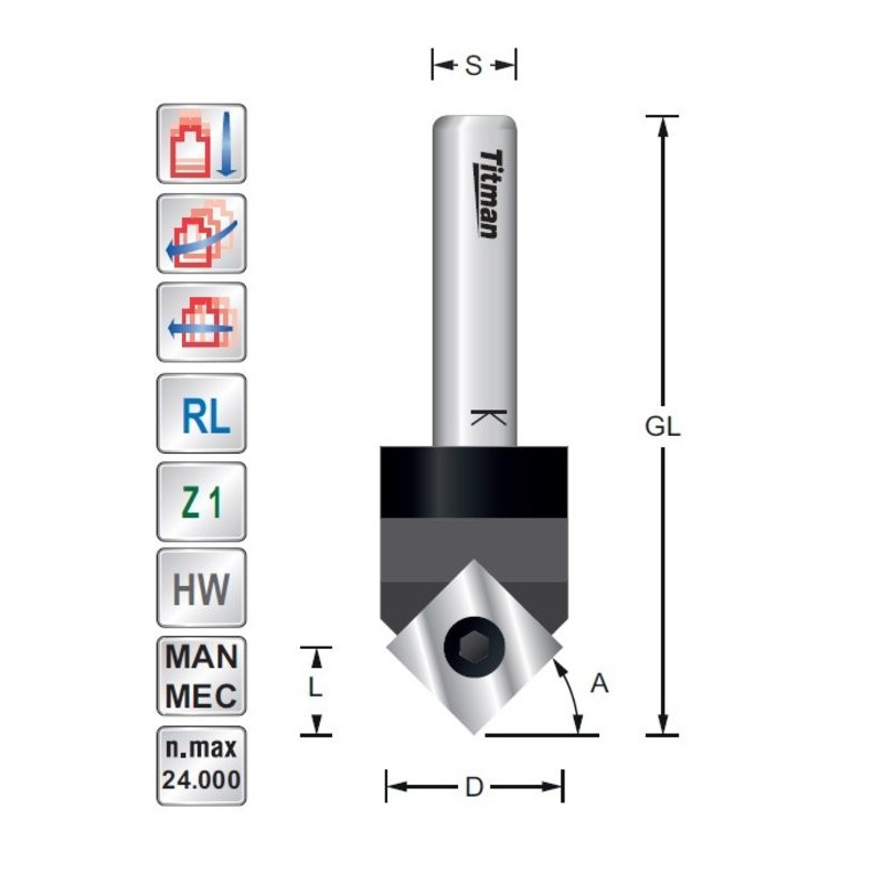 Wendeplatten-V-Nutfräser und Schriftenfräser  45° S12 mm | Titman Tools