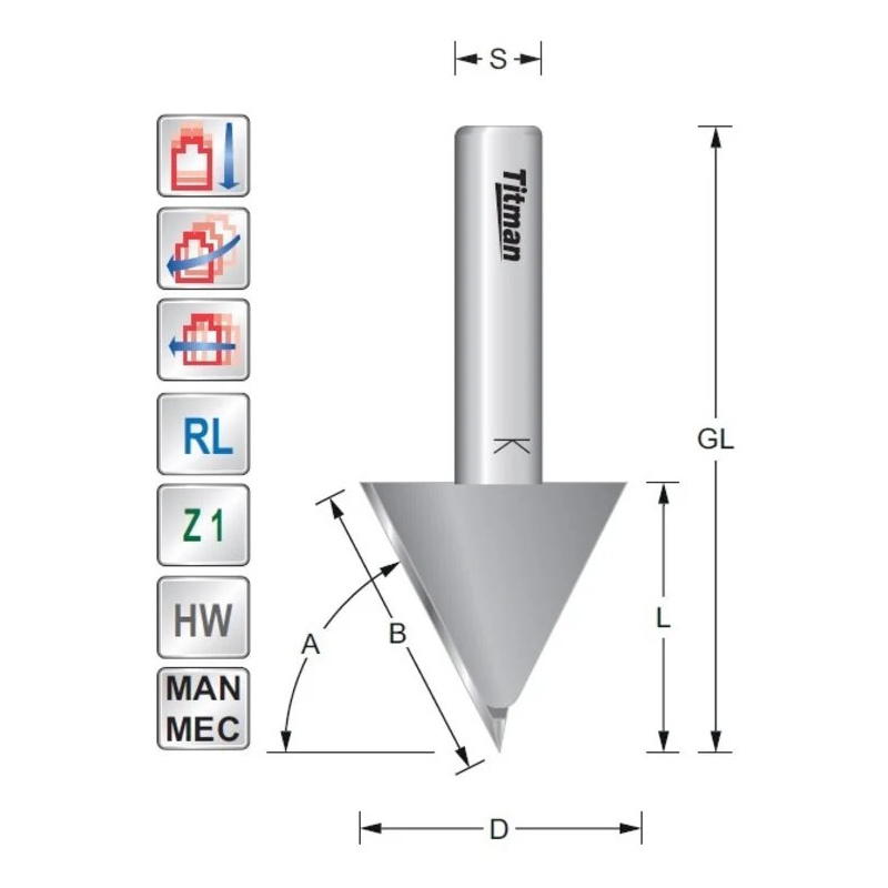 Titman V-Nutfräser/Schriftenfräser 80°  S8mm | JVL-Europe