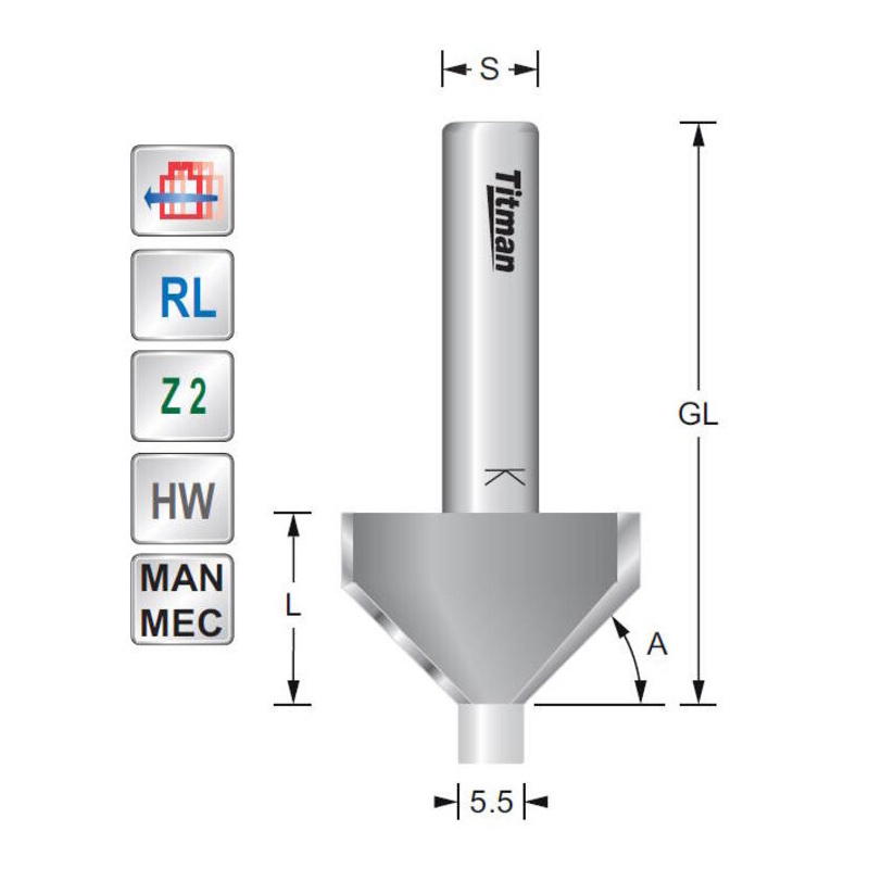 Fasefräser mit Anlaufzapfen 45°  S6mm | Titman Tools