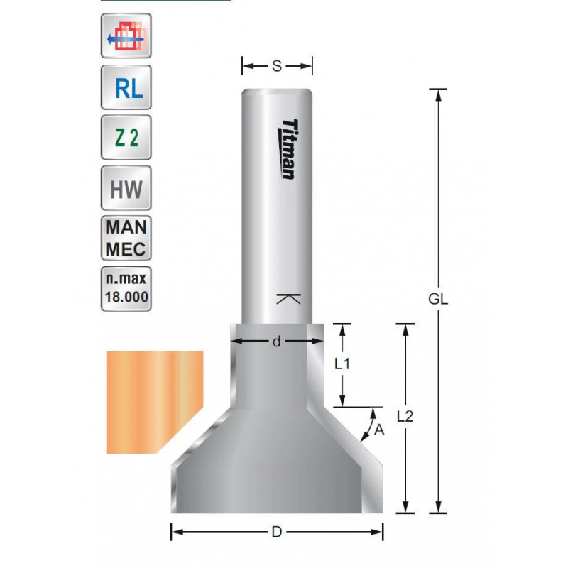 Omgekeerde afschuin- kantenfrees 45°  S12mm Titman | JVL-Europe