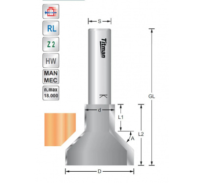 Omgekeerde afschuin- kantenfrees 45°  S12mm Titman | JVL-Europe