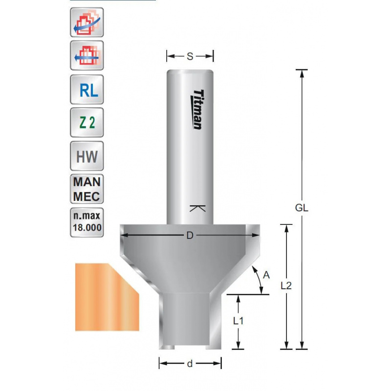 Afschuin- kantenfrees 45°  S12mm | Titman Tools