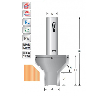 Afschuin- kantenfrees 45°  S12mm Titman | JVL-Europe