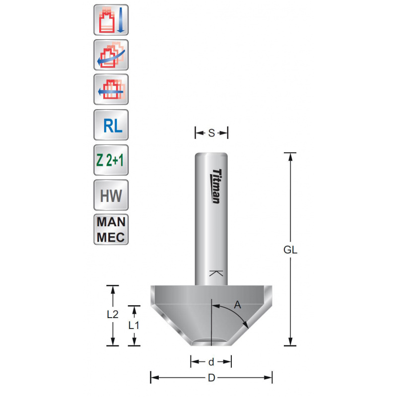 Bevel cutter with center tip 20°  S8mm | Titman Tools