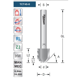 Bevel cutter with plunging facility  45°  S6mm | Titman Tools