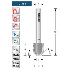 Bevel cutter with plunging facility  45°  S6mm