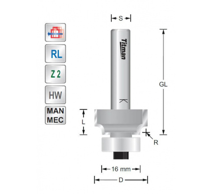 Rounding over cutter with extended cutting edge R2 S8mm