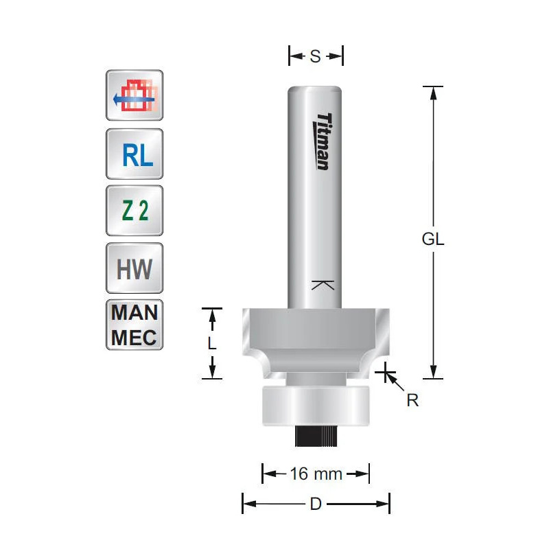 Rounding over cutter with extended cutting edge R2.5 S6mm | Titman Tools