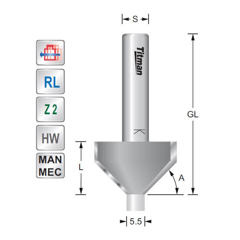Titman Fasefräser mit Anlaufzapfen 45°  S8mm | JVL-Europe