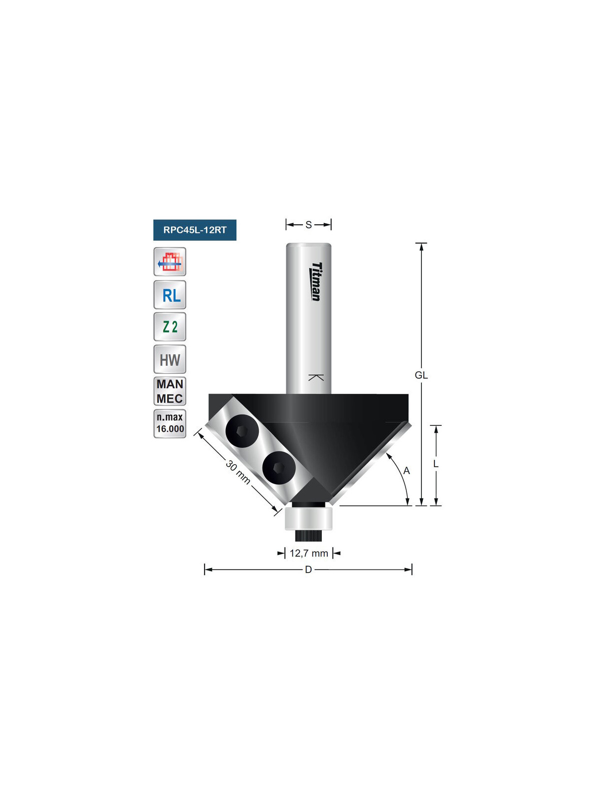 Wisselmes afschuin- fasefrees  45°  S12mm Titman | JVL-Europe