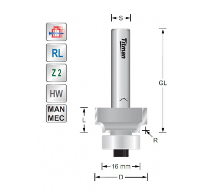 Rounding over cutter with extended cutting edge R1 S8mm | Titman Tools Rounding over cutter with extended cutting edge R1 S8mm | Titman Tools
