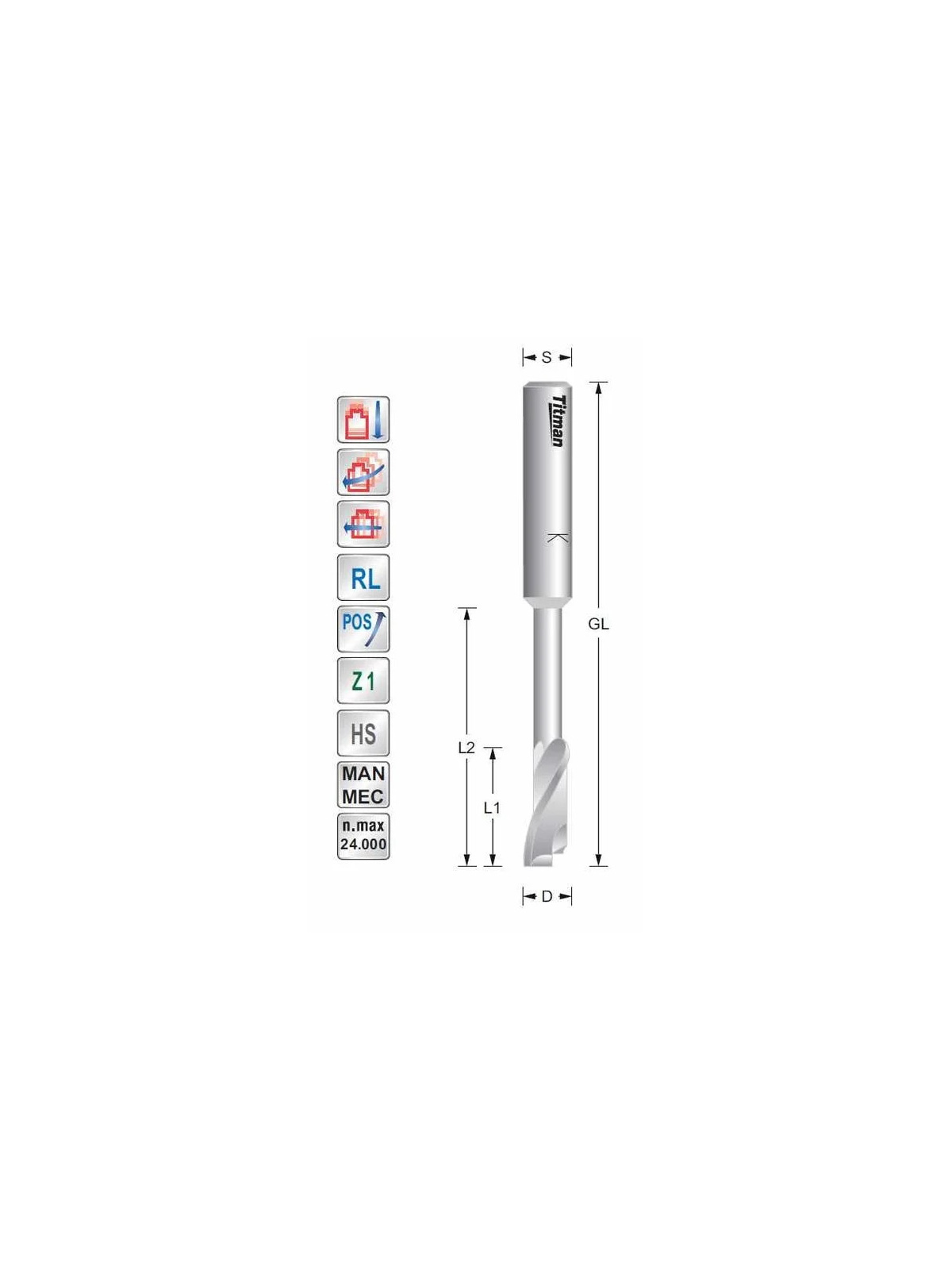 Titman Single flute cutter with neck D5 L45 S8mm | JVL-Europe