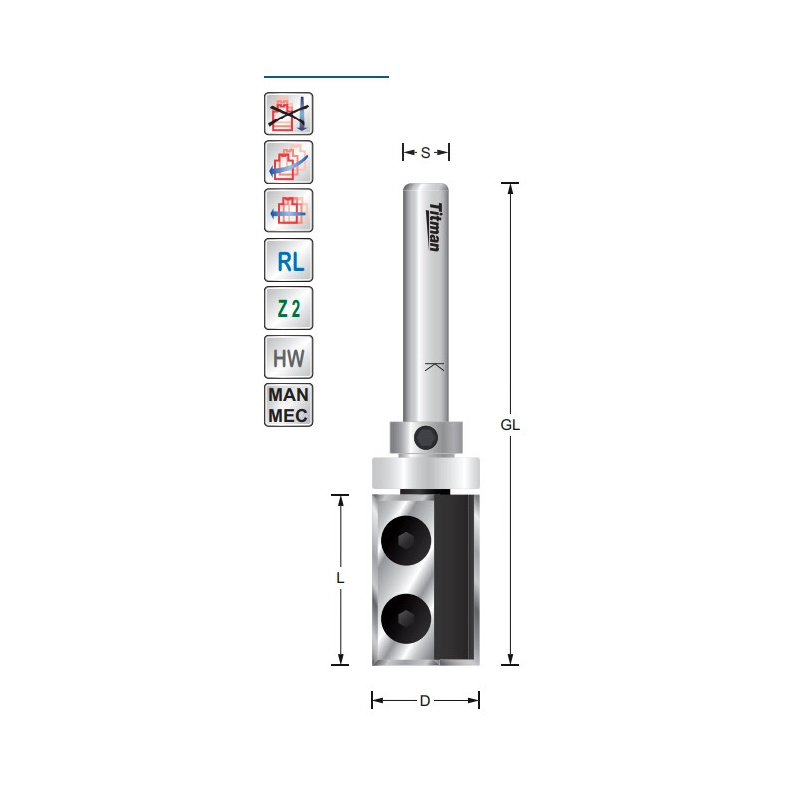 Titman WP-Bündigfräser/Lager Z2 D19 L30 S8mm | Titman Tools
