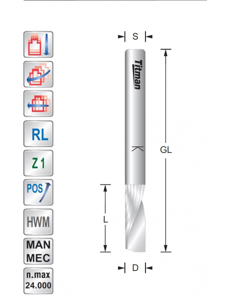 Spiral cutter Z1 Positive - Upcut D4 L20 S4 mm | Titman Tools Spiral cutter Z1 Positive - Upcut D4 L20 S4 mm | Titman Tools