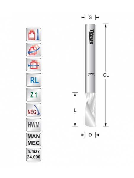 Titman Spiral cutter Z1 Negative - Down cut  D1  L4  S3 mm | JVL-Europe