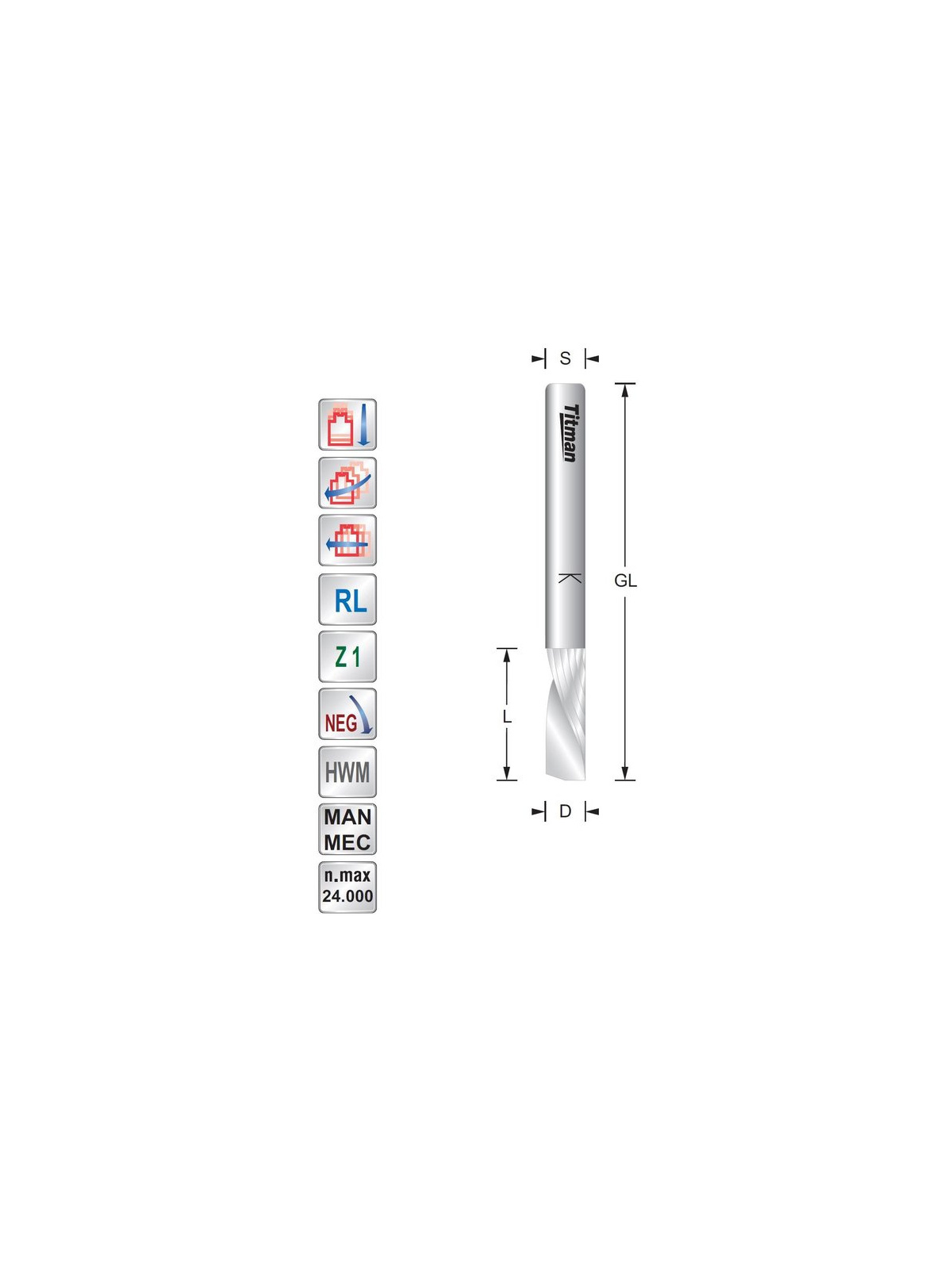 Titman Spiral cutter Z1 Negative - Down cut  D1  L4  S3 mm | JVL-Europe