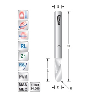 Ball nose Spiral cutter. D4 R2 S4 mm Z1 Positive - Upcut | Titman Tools