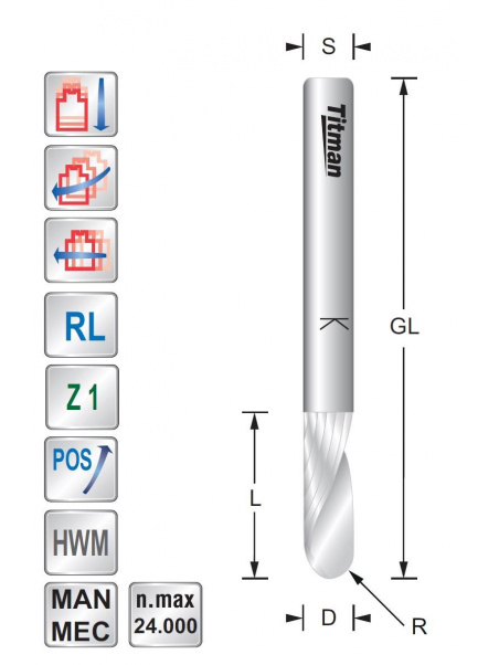 Titman Ball nose Spiral cutter. D4 R2 S4 mm Z1 Positive - Upcut | JVL-Europe