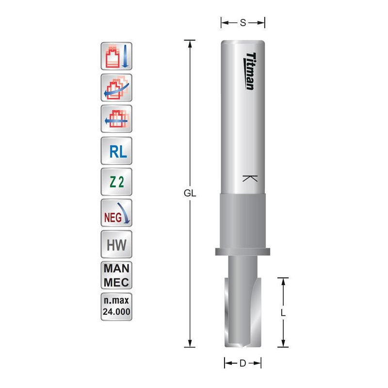 Single flute cutter Z2 Negative D10  L19  S12mm | Titman Tools