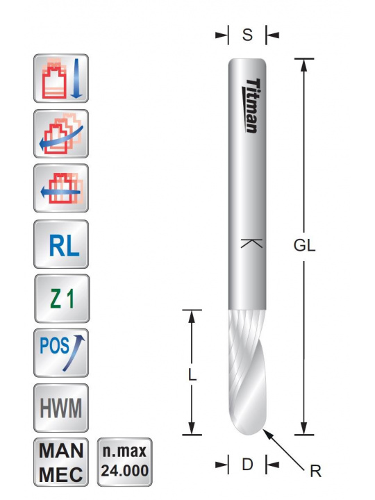 Ball nose Spiral cutter. D12 R6. L45  S12 mm Z1 Positive - Upcut | Titman Tools