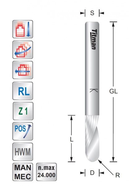 Ball nose Spiral cutter. D12 R6. L45 S12 mm Z1 Positive - Upcut | Titman Tools Ball nose Spiral cutter. D12 R6. L45 S12 mm Z1 Positive - Upcut | Titman Tools