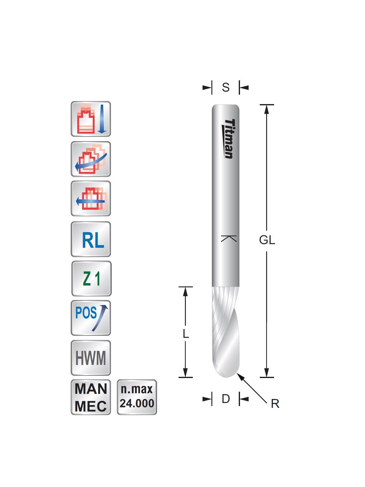 Titman Ball nose Spiral cutter. D12 R6. L45  S12 mm Z1 Positive - Upcut | JVL-Europe