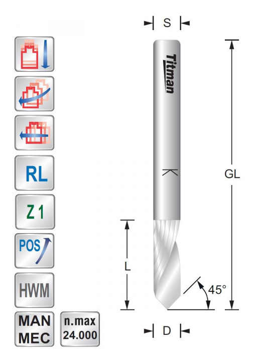 V groef Spiraalfrees  Z1  Postief  D6  L20  S6mm Titman | JVL-Europe