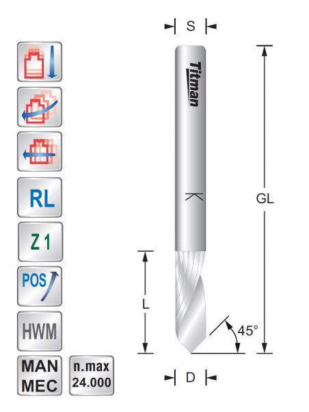 V groef Spiraalfrees  Z1  Postief  D10  L45  S10mm Titman | JVL-Europe