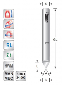 Graveerfrees voor kunststof  Z1   60°  D4  S4mm | Titman Tools