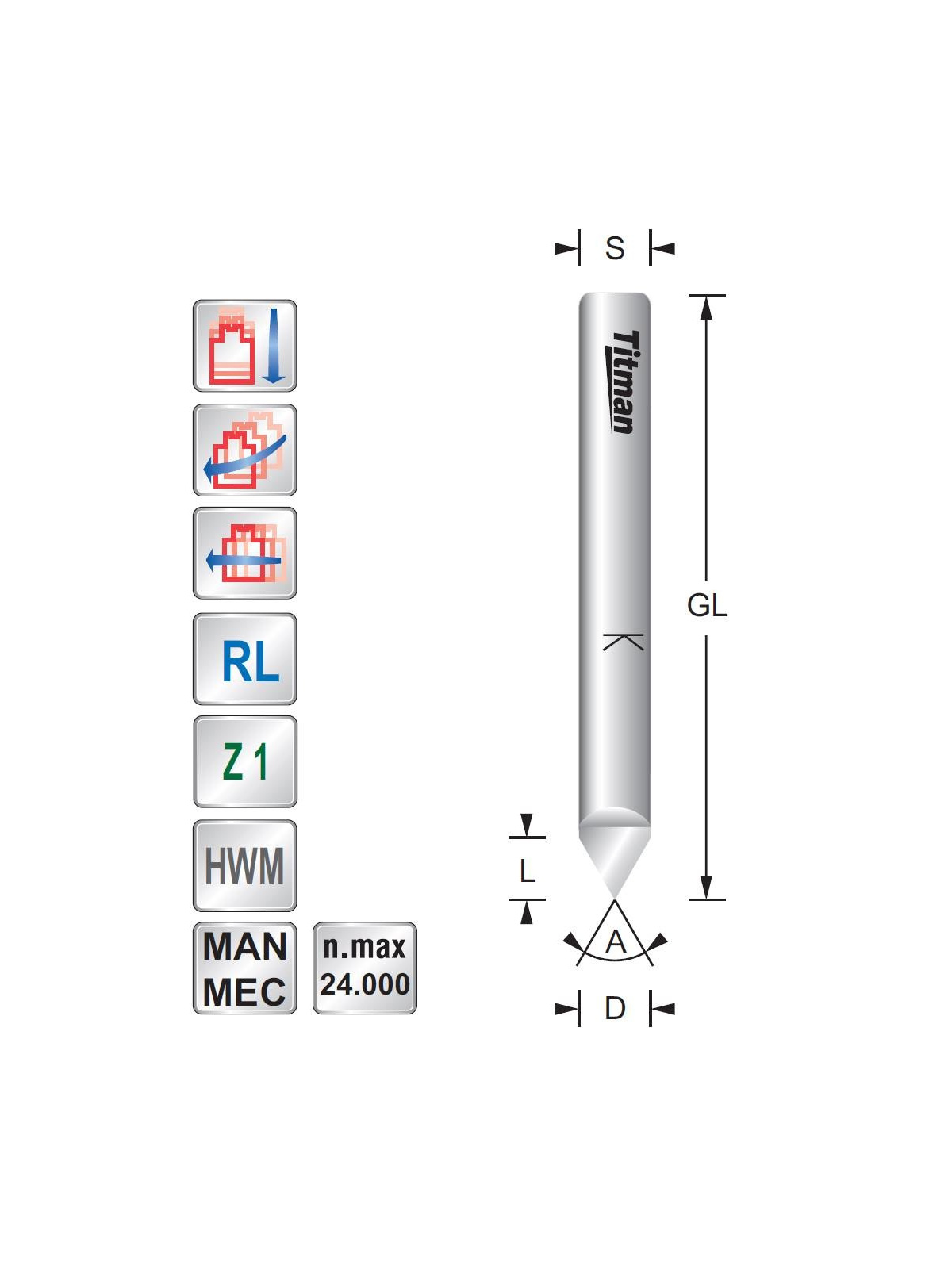 Titman Engraving cutter for plastics  Z1    60°  D8  S8mm | JVL-Europe