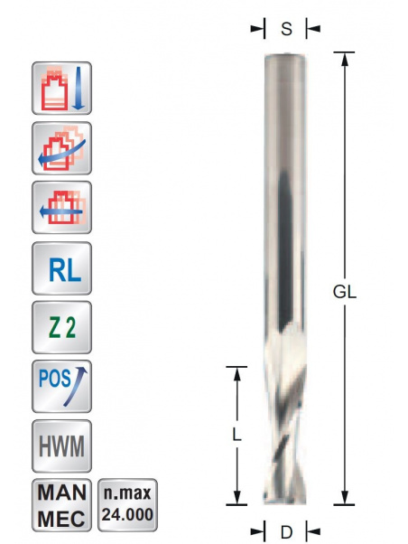 Titman Spiral cutter for aluminium Z2  D2  L8  S3mm | JVL-Europe