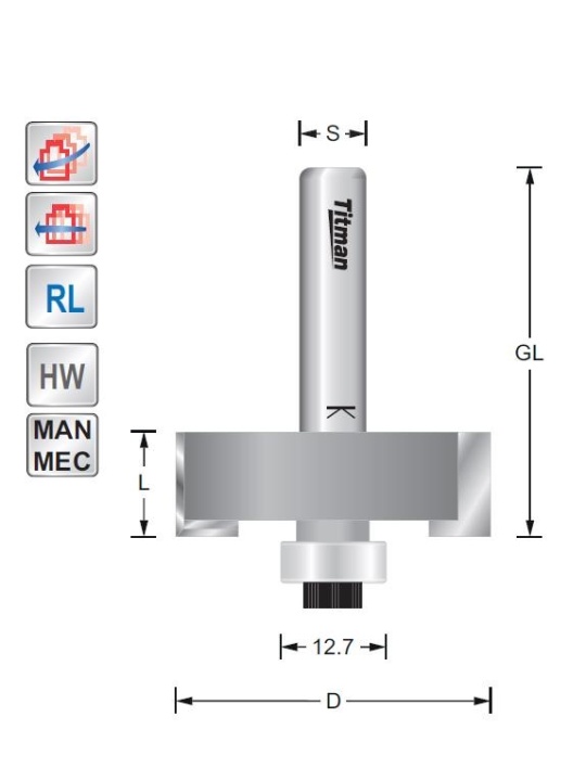 Rebate cutter D57  S12mm with bearing | Titman Tools