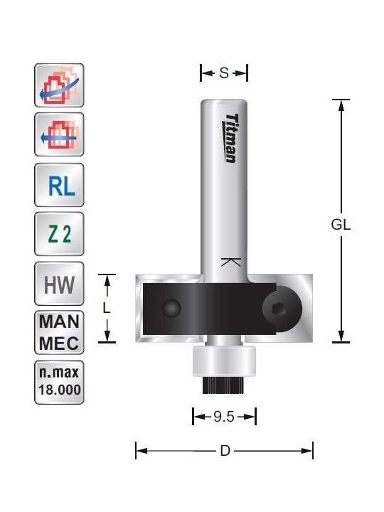 Replacement tip rebate cutter D30  S8mm with bearing | Titman Tools