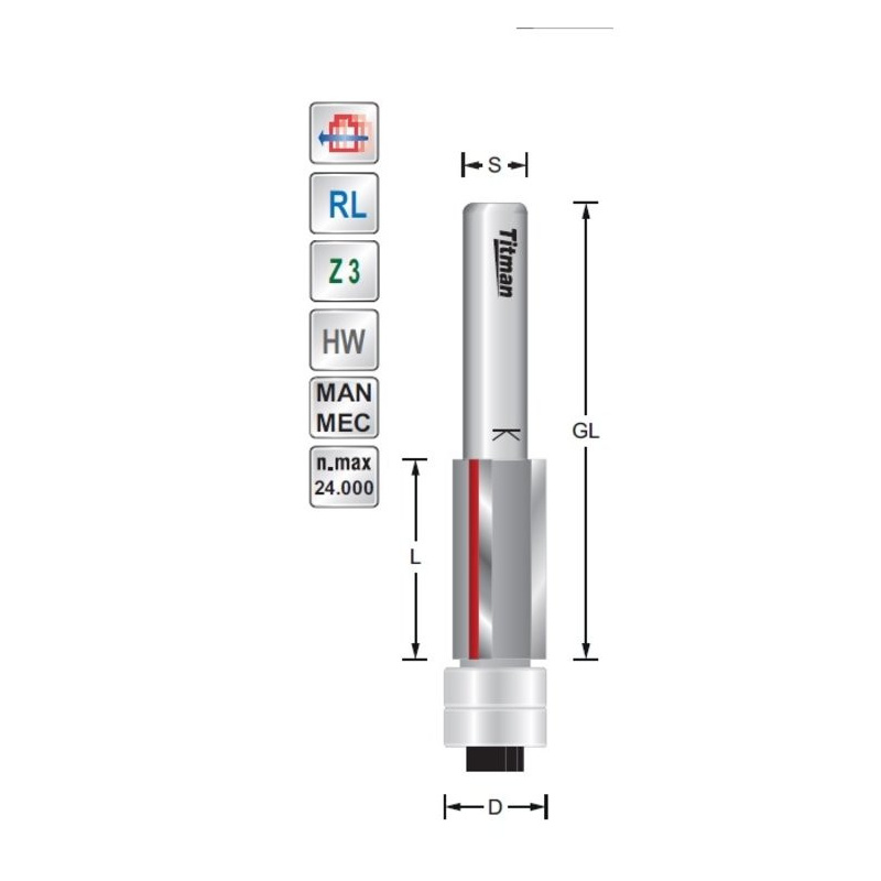 Bundigfräser D12,7 L38 S12mm mit Doppelanlauflager | Titman Tools